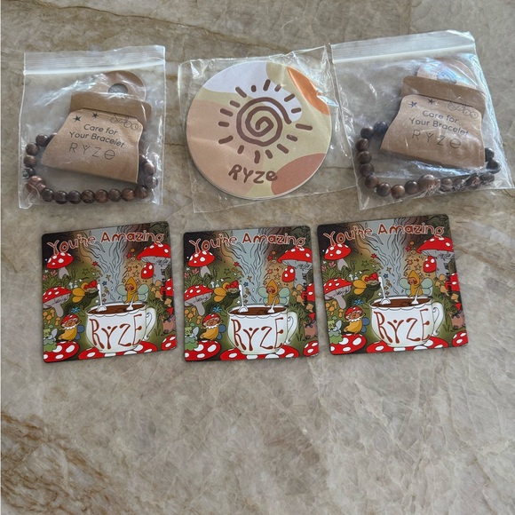 Lot of 2 Ryze Mushroom Coffee Wood Bead Bracelets plus 3 magnets and 2 coasters - Picture 1 of 7
